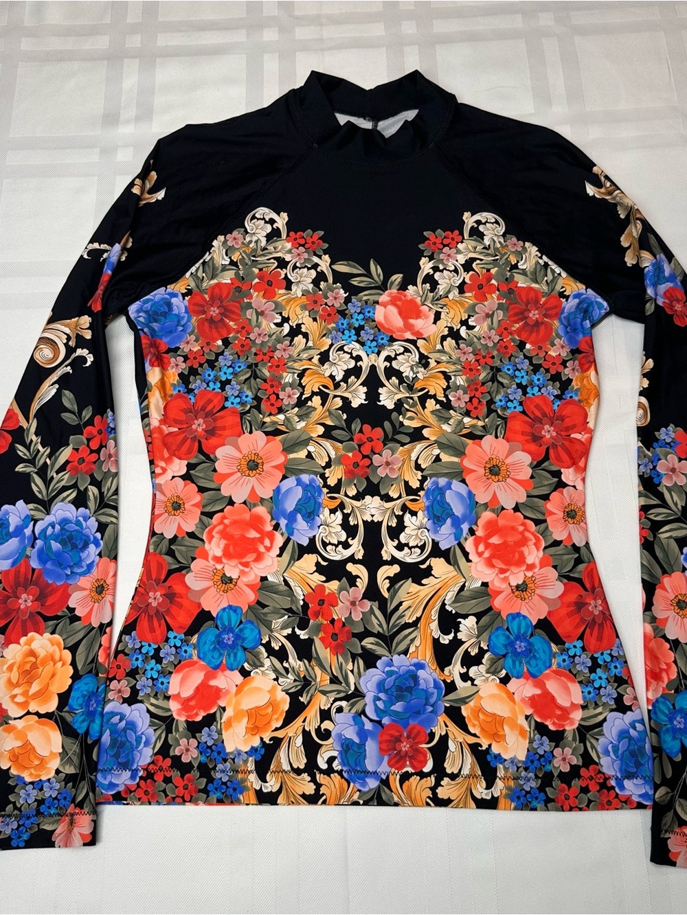 Johnny Was Royal Floral Cut-Out Back Surf Shirt Rashguard Top XS